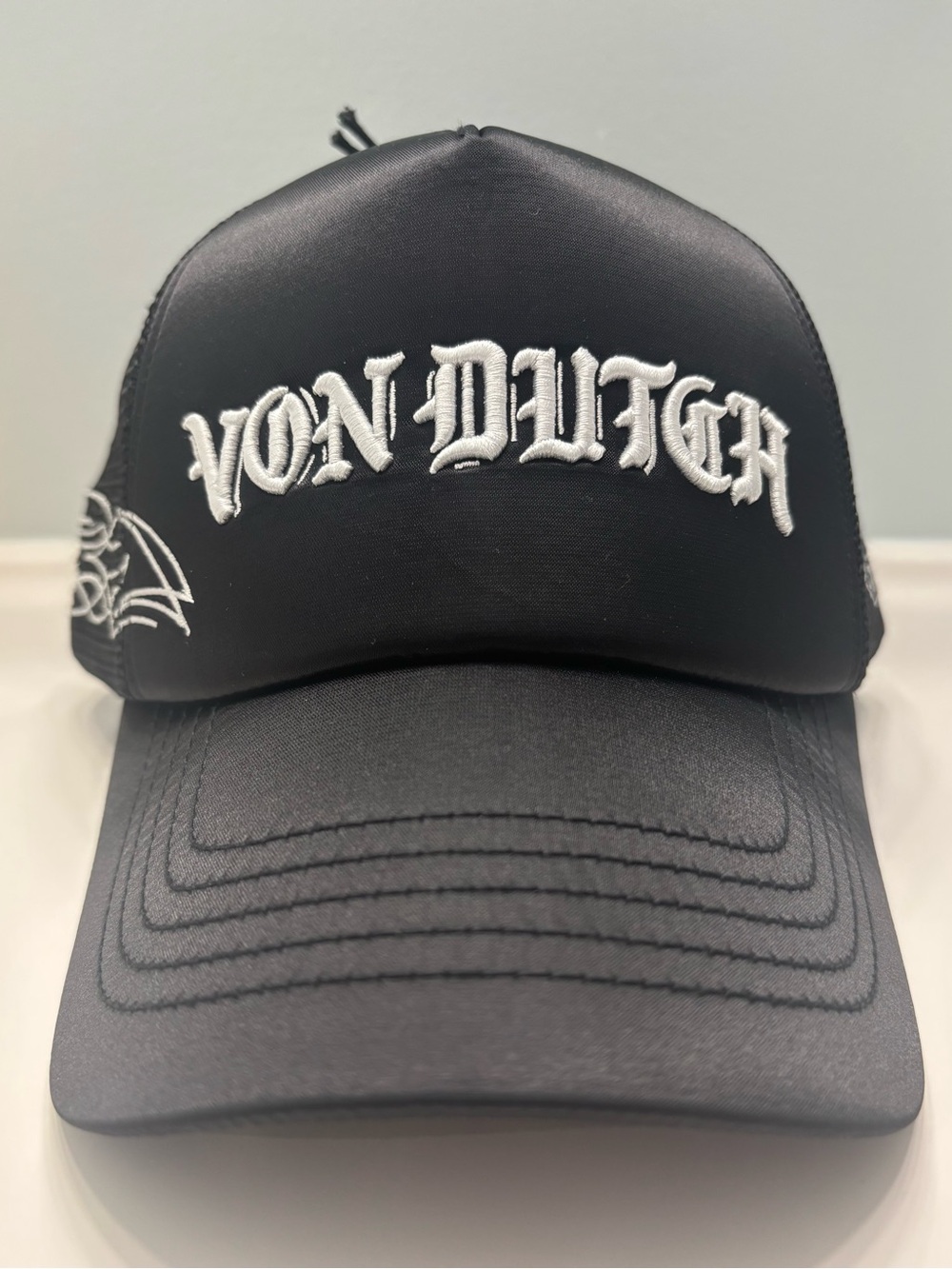 Von Dutch Black Satin Embroidered Trucker Hat Y2K Mesh Snapback NWT